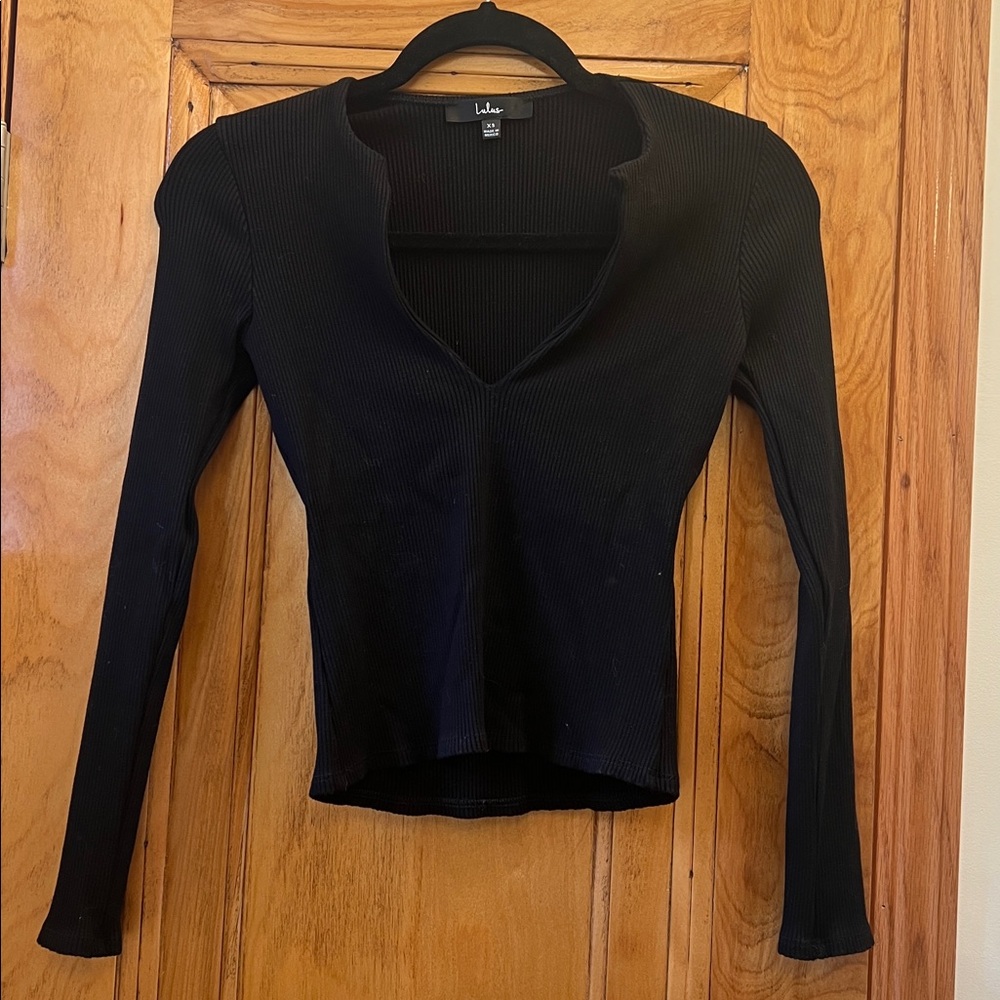 Black Low V-Neck Ribbed Long Sleeve Top